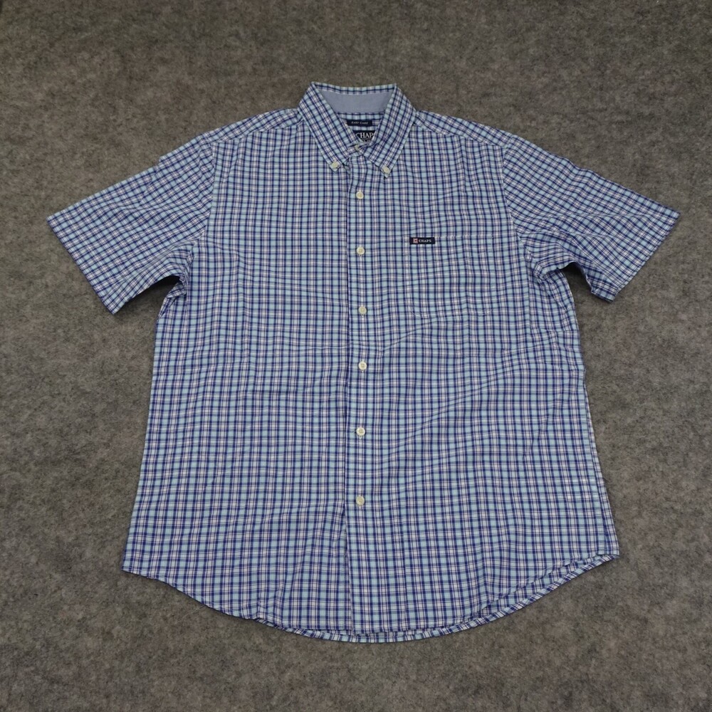 Chaps Button Up Shirt Mens Medium Blue Short Sleeve Regular Fit Blend Plaid